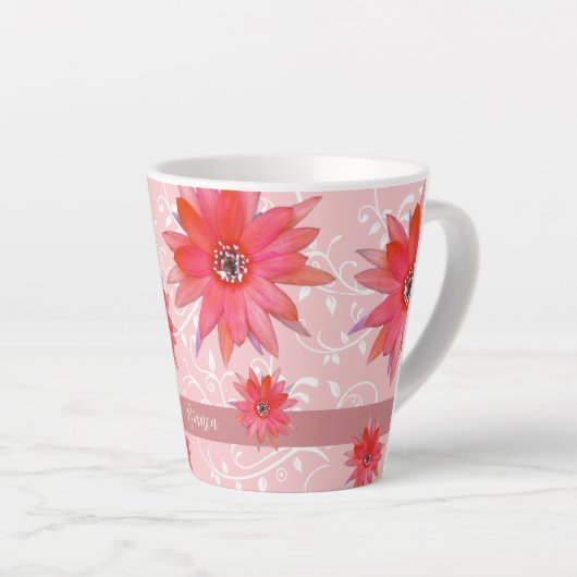 Whimsical Red Flowers Swirly Leaves Add Name Roze Latte Mok (Rechterhoek)