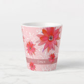 Whimsical Red Flowers Swirly Leaves Add Name Roze Latte Mok (Voorkant)
