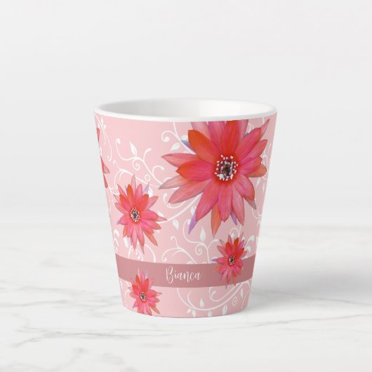 Whimsical Red Flowers Swirly Leaves Add Name Roze Latte Mok (Voorkant)