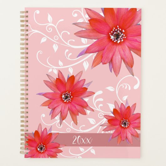 Whimsical Red Flowers Swirly Leaves Add Name Roze Planner (Voorkant)