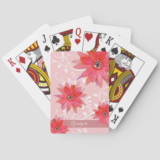 Whimsical Red Flowers Swirly Leaves Add Name Roze Pokerkaarten (Achterkant)