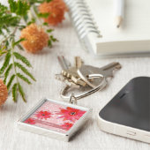 Whimsical Red Flowers Swirly Leaves Add Name Roze Sleutelhanger (Zijkant)