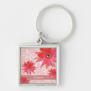 Whimsical Red Flowers Swirly Leaves Add Name Roze Sleutelhanger