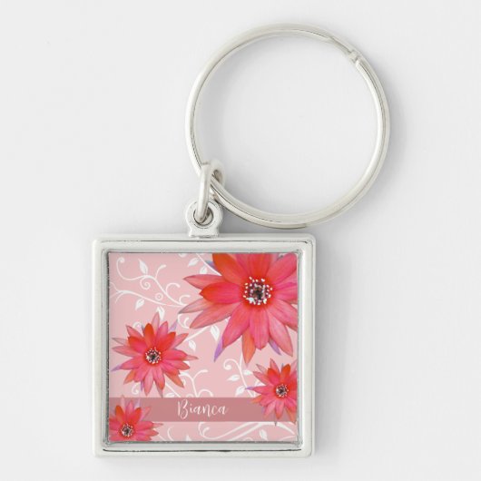 Whimsical Red Flowers Swirly Leaves Add Name Roze Sleutelhanger (Voorkant)