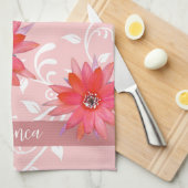 Whimsical Red Flowers Swirly Leaves Add Name Roze Theedoek (Quarter Fold)