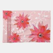 Whimsical Red Flowers Swirly Leaves Add Name Roze Theedoek (Horizontaal)