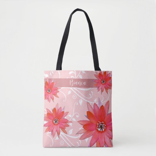 Whimsical Red Flowers Swirly Leaves Add Name Roze Tote Bag (Voorkant)