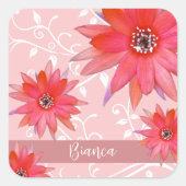 Whimsical Red Flowers Swirly Leaves Add Name Roze Vierkante Sticker (Voorkant)