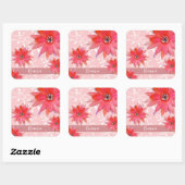Whimsical Red Flowers Swirly Leaves Add Name Roze Vierkante Sticker (Vel)