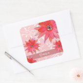 Whimsical Red Flowers Swirly Leaves Add Name Roze Vierkante Sticker (Envelop)