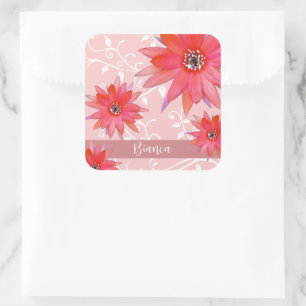 Whimsical Red Flowers Swirly Leaves Add Name Roze Vierkante Sticker
