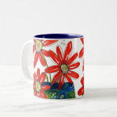 Whimsical Red Flowers Tweekleurige Koffiemok (Voorkant links)