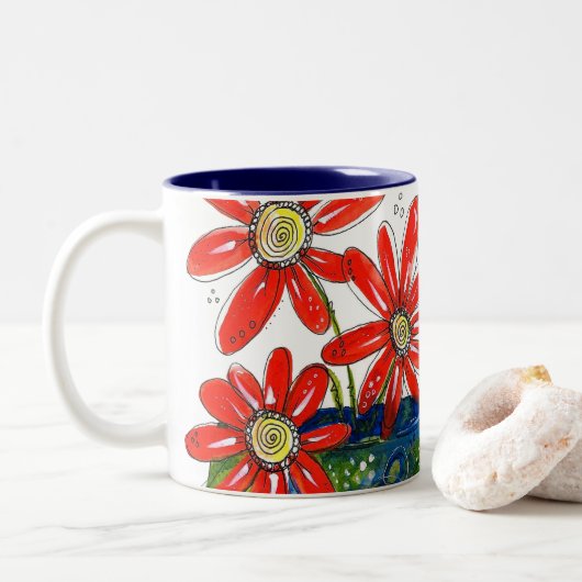 Whimsical Red Flowers Tweekleurige Koffiemok (Met donut)