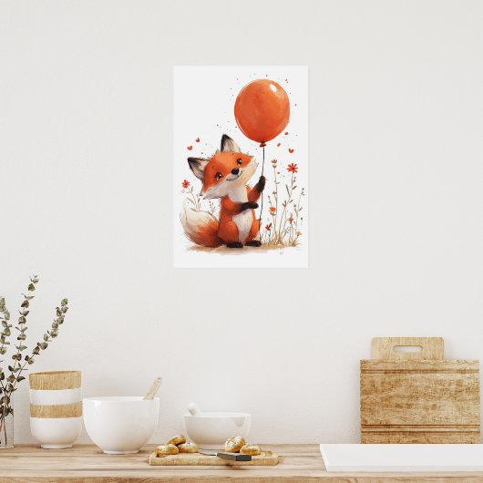Whimsical Red Fox met Oranje ballon Poster (Keuken)