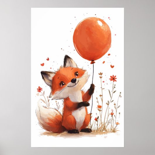 Whimsical Red Fox met Oranje ballon Poster (Voorkant)