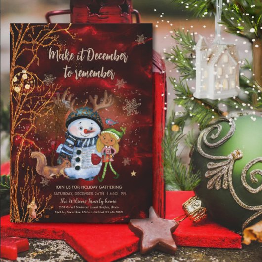 Whimsical Red Gold Snowman Elf Squirrel Christmas Kaart