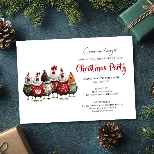 Whimsical Red Green Chickens Christmas Party  Kaart