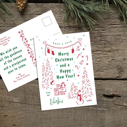 Whimsical Red & Green Christmas Scene Briefkaart