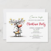 Whimsical Red Green Reindeer Christmas Invitation Kaart (Voorkant)