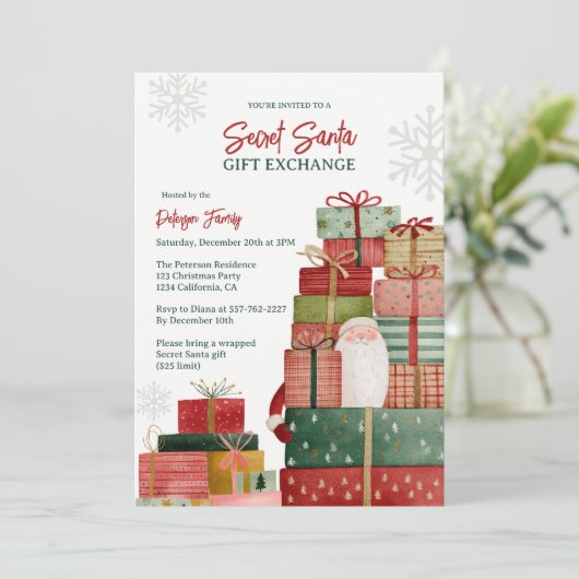Whimsical Red Green Secret Santa Christmas Party Kaart (Staand voorkant)
