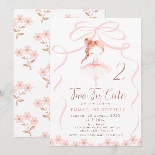 Whimsical Red Hair Ballerina Twee Tu Leuke Verjaar Kaart (Voorkant / Achterkant)