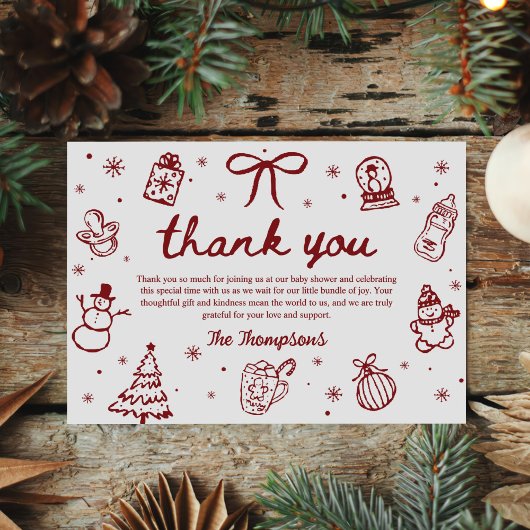 Whimsical Red Hand Drawn Christmas Baby Shower Bedankkaart