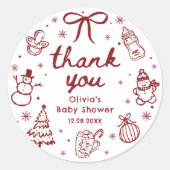 Whimsical Red Hand Drawn Christmas Baby Shower Ronde Sticker (Voorkant)