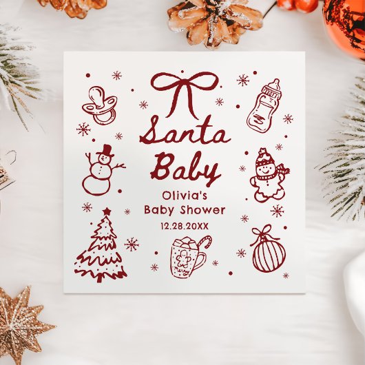 Whimsical Red Hand Drawn Christmas Baby Shower Servet