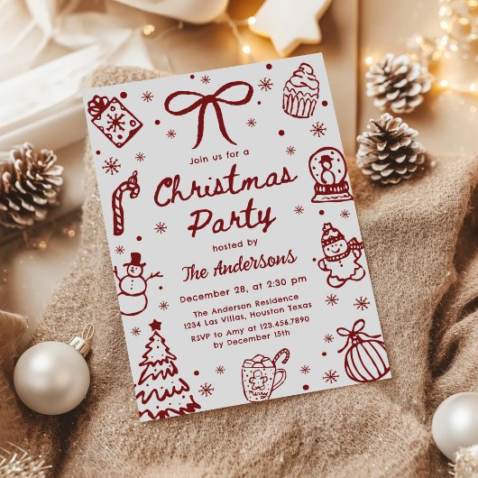 Whimsical Red Hand Drawn Quirky Christmas Party Kaart
