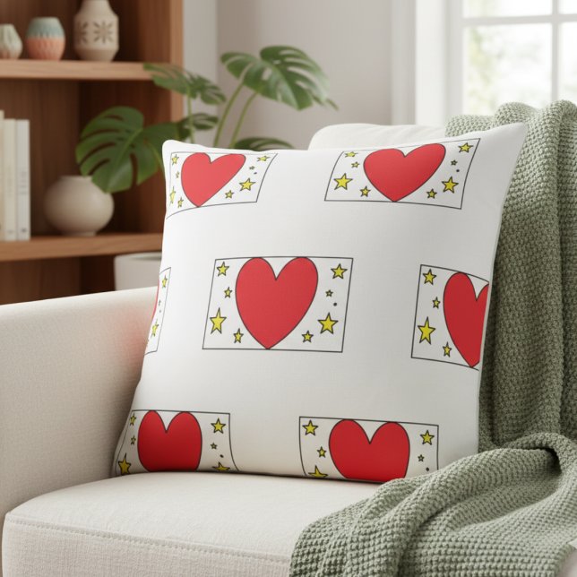 Whimsical Red Heart and Gold Stars Christmas Throw Kussen (Creator heeft geüpload)