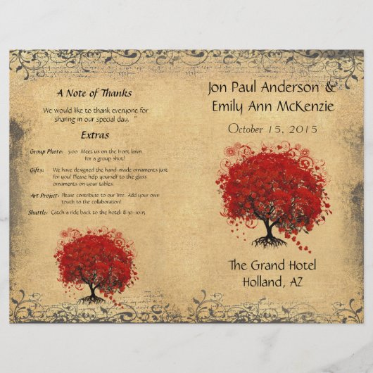 Whimsical Red Heart Leaf Tree Wedding Programme (Voorkant)