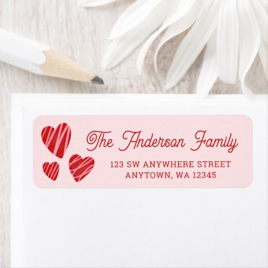 Whimsical Red Hearts Pink Return Address Etiket (Insitu)