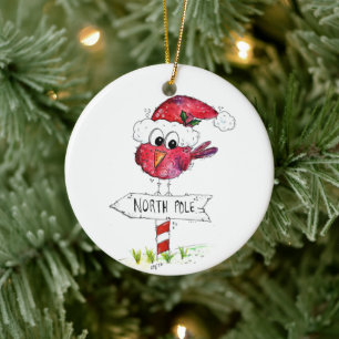 Whimsical Red-kerstvogel Keramisch Ornament