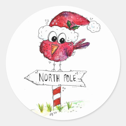 Whimsical Red-kerstvogel Ronde Sticker (Voorkant)