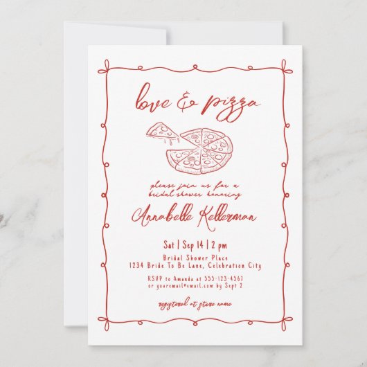 Whimsical Red Love Pizza Hand getrokken Vrijgezell Kaart (Voorkant)