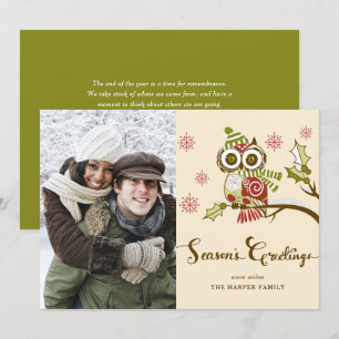 Whimsical Red Owl en Snowflakes Vakantiefoto Feestdagenkaart
