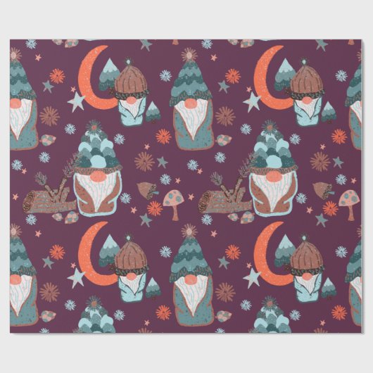 Whimsical Red Pattern Gnome kerstgarden Moon Cadeaupapier (Vlak)