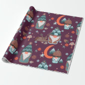 Whimsical Red Pattern Gnome kerstgarden Moon Cadeaupapier (Uitgerold)
