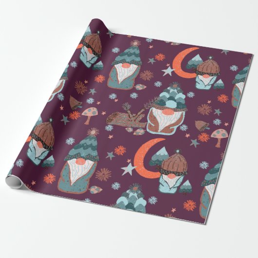Whimsical Red Pattern Gnome kerstgarden Moon Cadeaupapier (Uitgerold)