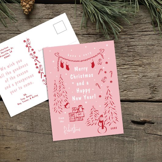 Whimsical Red & Pink Christmas Scene Briefkaart