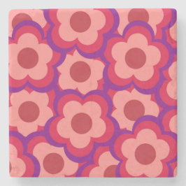 Whimsical Red & Pink Flower Retro, Bold Preppy Stenen Onderzetter