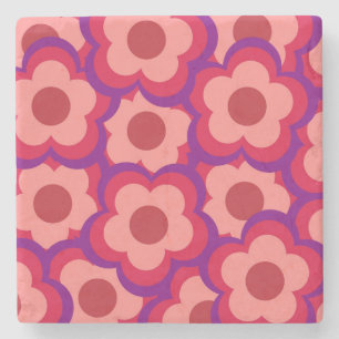 Whimsical Red & Pink Flower Retro, Bold Preppy Stenen Onderzetter
