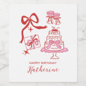 Whimsical Red Pink Hand Drawn Birthday Party Wijn Etiket (Enkel label)
