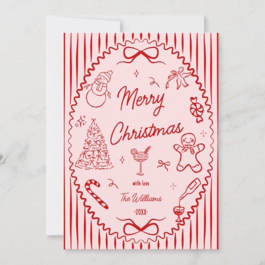 Whimsical Red Pink Hand Drawn Christmas Photo Feestdagenkaart (Voorkant)
