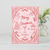 Whimsical Red Pink Hand Drawn Christmas Photo  Feestdagenkaart (Staand voorkant)