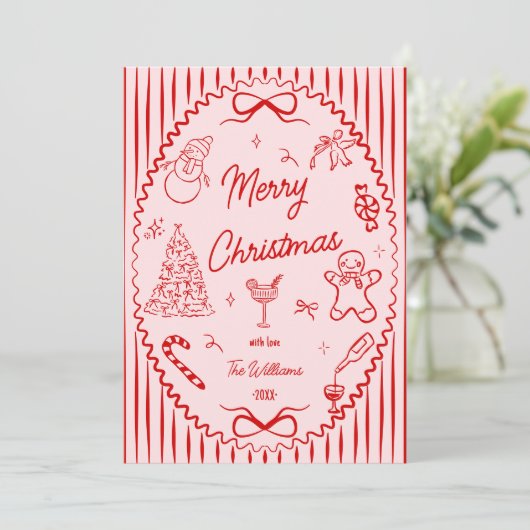 Whimsical Red Pink Hand Drawn Christmas Photo Feestdagenkaart (Staand voorkant)