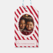 Whimsical Red & Pink Stripe Christmas Photo Cadeaulabel (Voorkant)