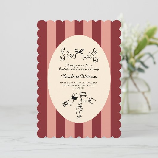 Whimsical Red Pink Striped Scribble Bachelorette Kaart