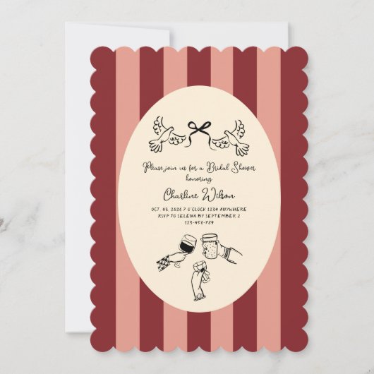 Whimsical Red Pink Striped Scribble Bridal Shower Kaart (Voorkant)