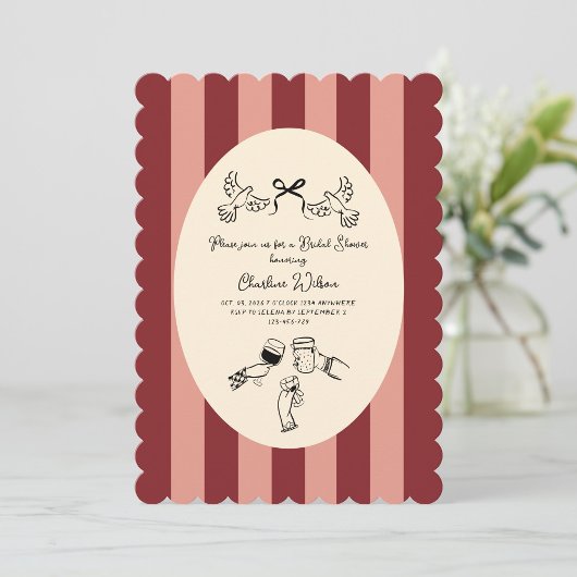 Whimsical Red Pink Striped Scribble Bridal Shower Kaart